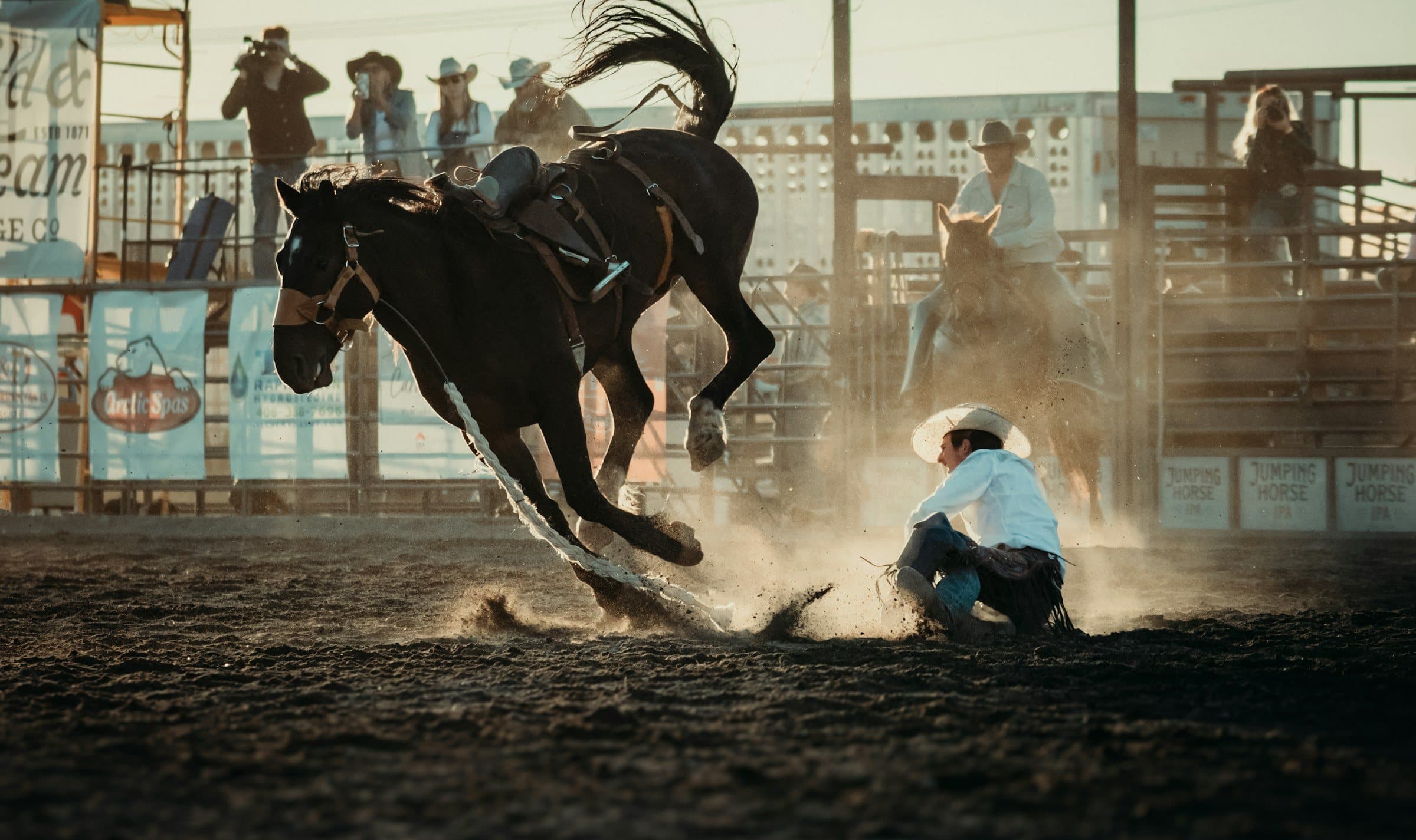 A bucking horse throws dust in an arena as its rider lands.