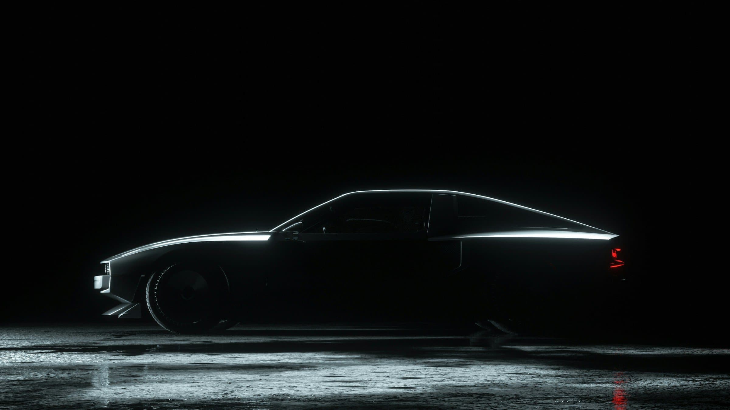 A car in silhouette, lit along its roofline.